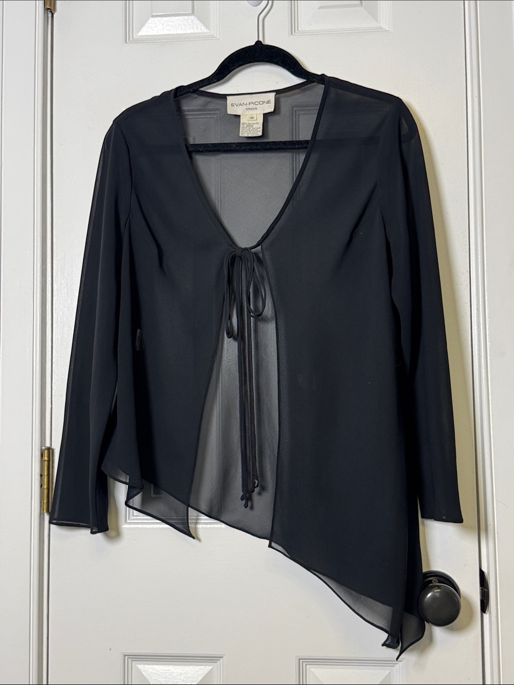 Vintage Evan Picone Sheer Black Blouse 12 Asymmetrical Tie Front Top